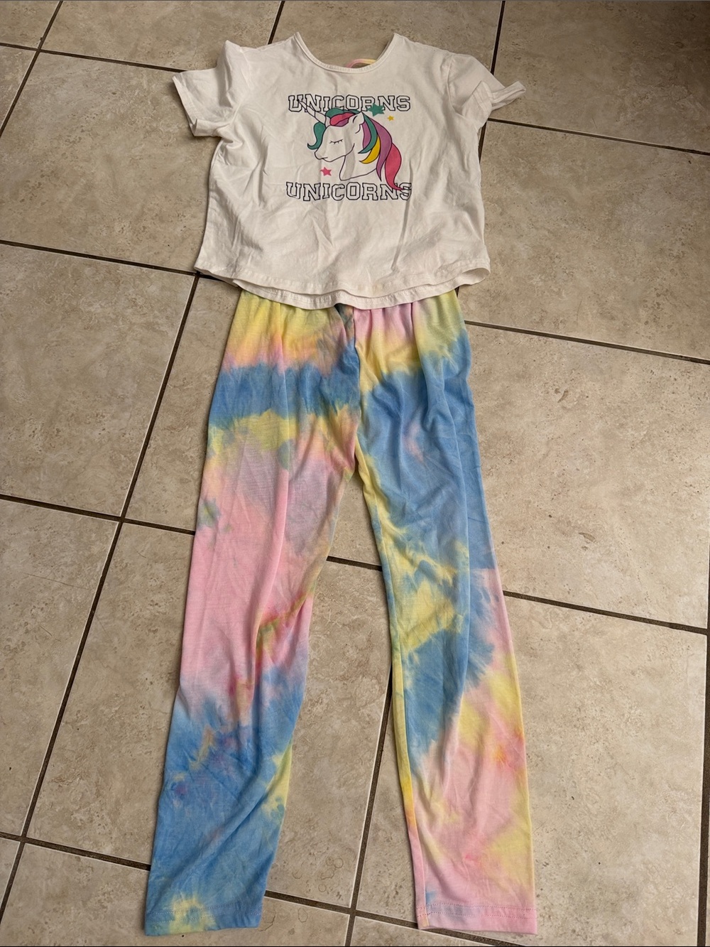 Girls Unicorn Tie-Dye Set - White Top & Pastel Pants Size 10